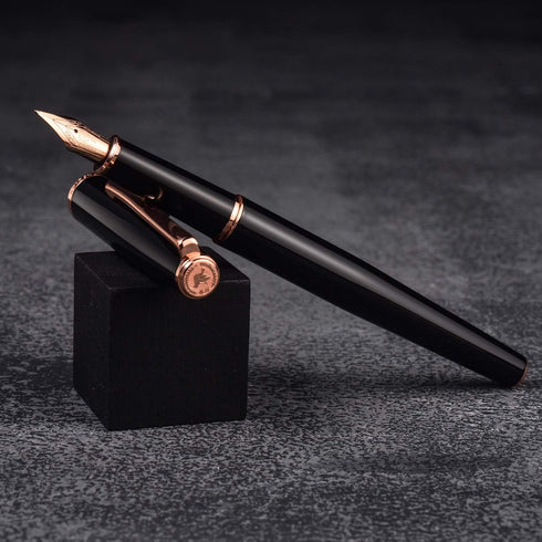 HongDian 920 Black Metal Fountain Pen with Rose Gold Plated Fine Nib, Classic Writing Pen with Ink Converter