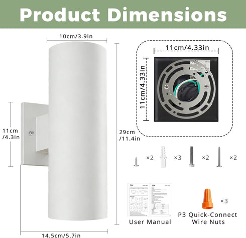 12'' 23W 3000K IP65 2 Pack Outdoor Wall Lights, Up and Down LED Cylinder Exterior Lighting Fixtures, Waterproof Wall