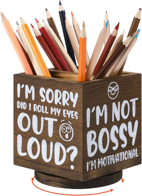 Wooden Spinning Pen Holder for Desk, Cute Organizer and Funny Desk Decor, Pencil Case Art Supply Storage (Brown)