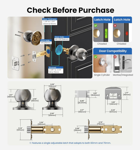 Set 2-Pack, Veise Keys Alike Door Knob Bedroom Door Lock with Keys, Heavy-Duty Rust-Proof Construction, Door Handle