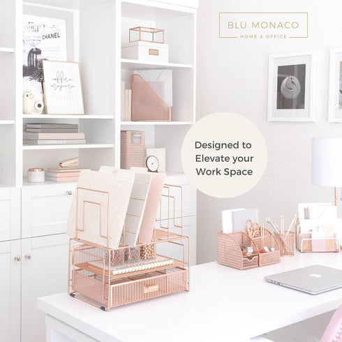 BLU MONACO Workspace Rose Gold Desk Organizer with File Sorters and Drawer for Office Supplies
