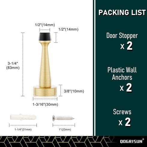QOGRISUN Heavy Duty Solid Brass Door Stops, 3-1/4-inch Decorative Gold Wall Protector with Rubber Bumper Tip