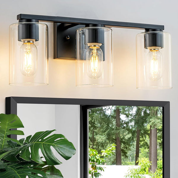 WILON Vanity Light Bathroom, 3 Light Black Modern Vanity Lights with Clear