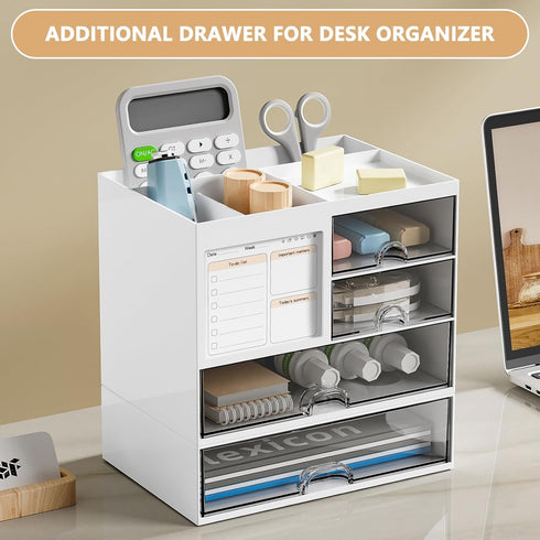 Desk Organizer Drawer - Clear Plastic Storage Box for Office Supplies, Gel Pens, Pencils, and Chargers (White)