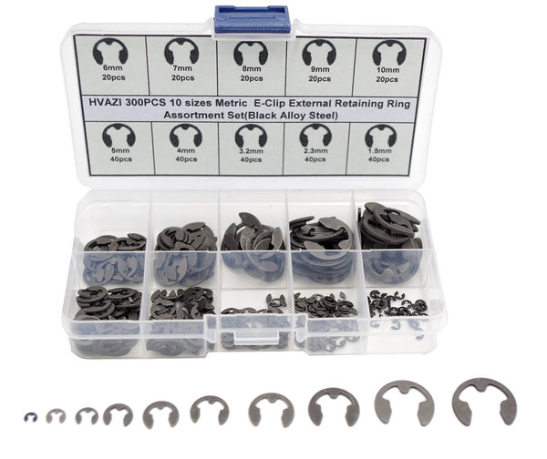 300PCS E-Clip External Retaining Ring Assortment Set in Black Alloy Steel
