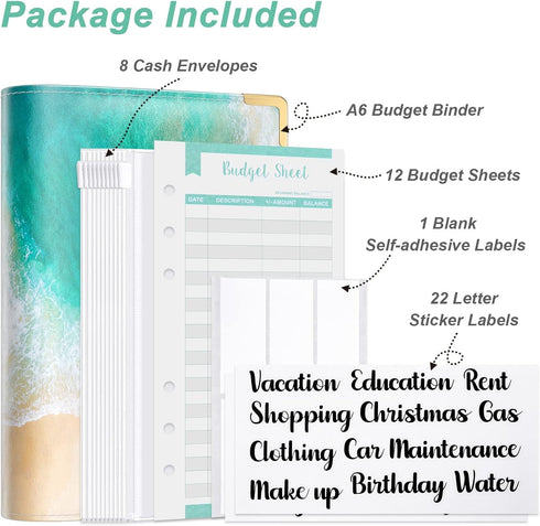 Budget Binder, A6 Binder Money Organizer for Cash, Budget Binder with Zipper Envelopes System, Money Saving Binder Cash Stuffing Envelopes for Budgeting, Cute Budget Wallet for Women Men, Beach by Rnivvi