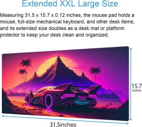 Pink Purple Neon Sunset Desk Mat Mousepad Punk Desk pad, Cool Futuristic Car Extended Large Gaming Mouse Pad Keyboard Pad, Fantasy Art Computer Mat office desktop decoration 31.5 x 15.7 inch by Cindasun