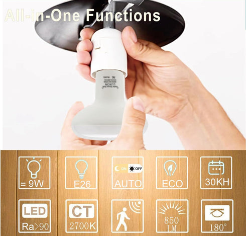 LUXON 9W BR30 Radar Motion Sensor Light Bulbs, Dusk to Dawn 90W Equivalent, Indoor Outdoor Auto On/Off E26 Base