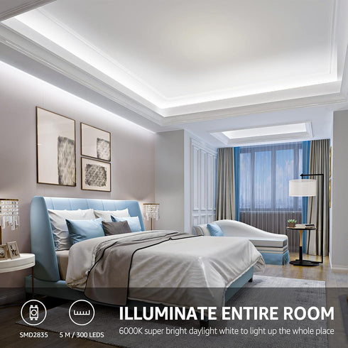 16.4ft Dimmable 6000K 300 2835, 3M Lepro LED Strip Light White, Vanity Lights, Super Bright LED Tape Lights, LEDs
