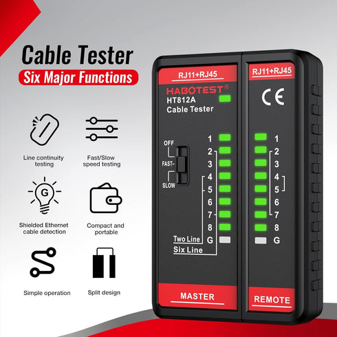 HT812A Network Cable Tester with RJ45 RJ11 Port, Ethernet Cable Tester, Ethernet Tester Tool Fast/Slow Gear, 60V Cable Telephone Line Continuity Test for CAT5/CAT5E/CAT6/CAT6A