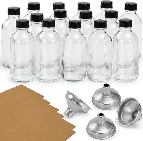15 Pack, 4 oz 4 120ml Small Clear Glass Bottles with Lids & Stainless Steel Funnels - Boston Sample Bottle for Potion