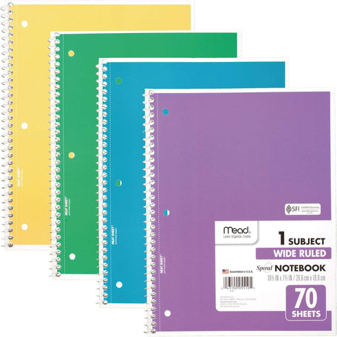 Mead Spiral Notebook, 4 Pack, 1-Subject, Wide Ruled, 70 Sheets per Notebook, 7-1/2" x 10-1/2", Colors Vary (72873)