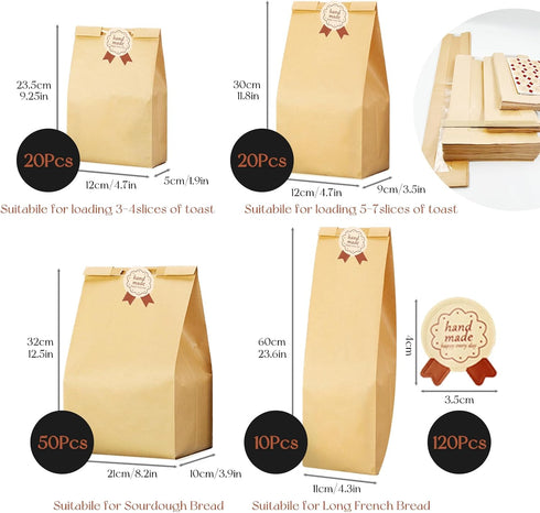 100pcs 120pcs SNAIL GARDEN Sourdough Bread Bags - with Four Sizes, Windowed, Kraft Paper with Label Seal Stickers