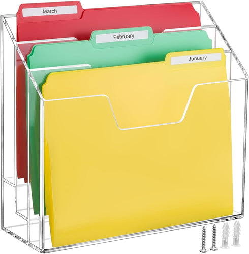 BEYGORM Acrylic File Folder Holder Organizer, 3 Tiers Clear Wall Hanging File Organizer, Large Vertical Folder Holder