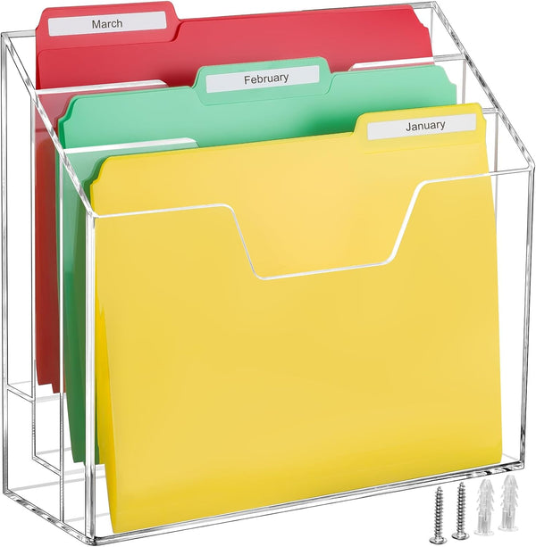 BEYGORM Acrylic File Folder Holder Organizer, 3 Tiers Clear Wall Hanging File Organizer, Large Vertical Folder Holder