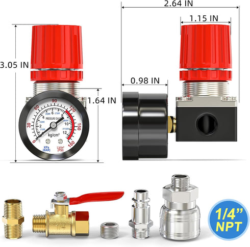 MEANLIN 1/4 Inch Air Compressor Regulator with Gauge, Inline 0-180 PSI for Air Compressor & Pneumatic Tools (Four-way