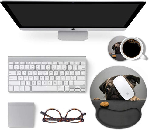 Ergonomic Mouse Pad with Cute Pug Wrist Support, Large Non-Slip PU Base for Home Office Gaming