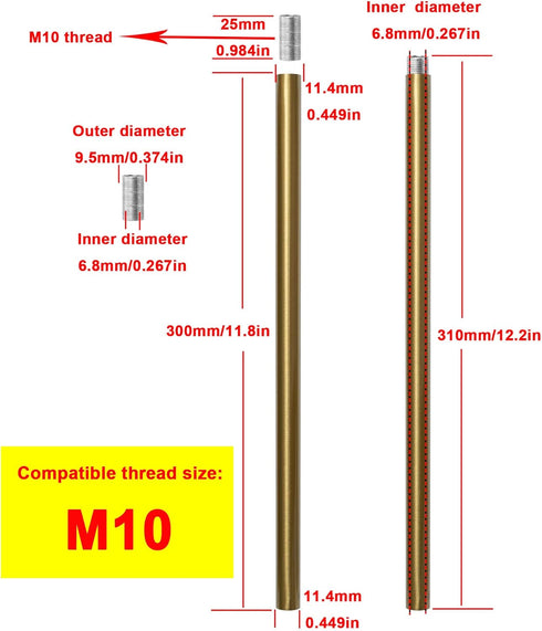 M10 12 Inches Stems,12 Inches 11.4mm (0.449) 300mm (11.81) Brushed Brass Threaded Extension Rod for Pendant Light