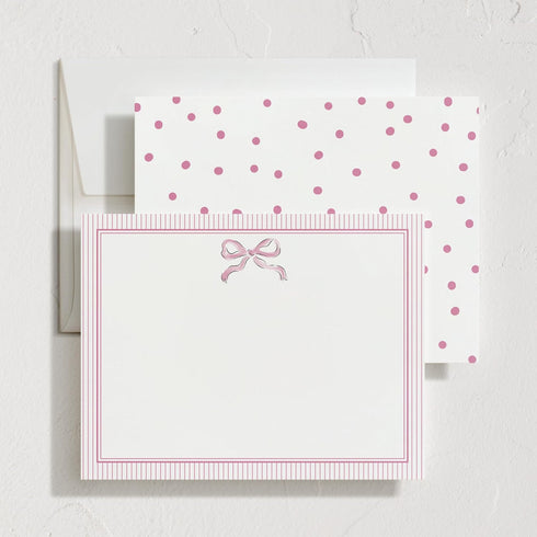 Set, Set 10, Minted Pink Bow Stationery of Flat Note Cards & Envelopes for Invitiations and Handwritten Thank You