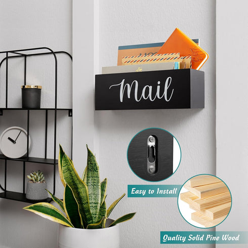 DRASTAR Mail Organizer, Mail Holder with 2 Slots, Wood Desk Mail Organizer, Black Envelope Holder for Home Office Decor
