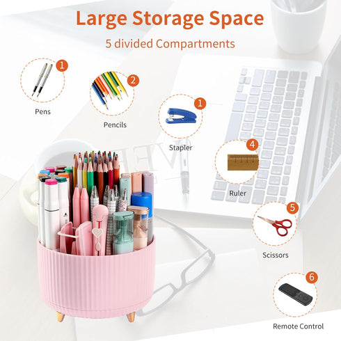 Desk Pencil Pen Holder, 5 Slots 360° Degree Rotating Organizer for Desk, Cute Pencil Cup Pot for Office, Pink