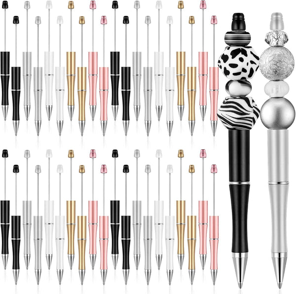 Crtiin 50 Pcs Plastic Beadable Pen, Bulk Shaft Ink Ballpoint Pens for DIY Making Gift Office Supplies