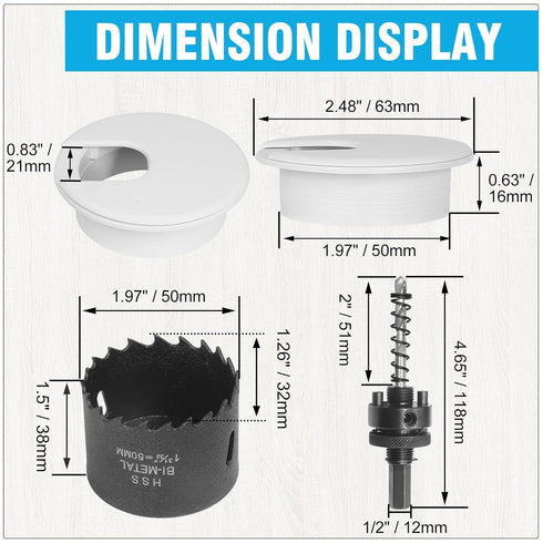2" White Desk Grommet with Bi-Metal Hole Saw, Plastic Cable Hole Cover for Desktop Cord Management, 7 Pieces