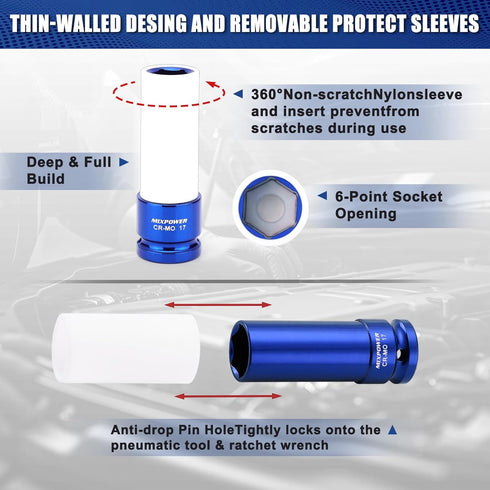 1/2" 7pcs Set, 6 17mm, 19mm, 21mm, 22mm, 23mm, 24mm,27mm MIXPOWER Drive Wheel Protector Impact Socket, Thin Wall Deep