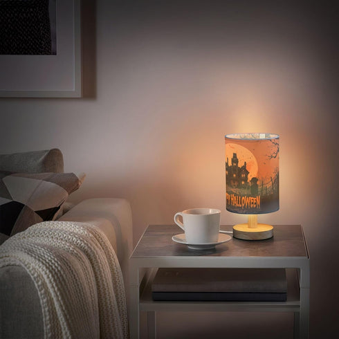 Aslsiy Spooky Castle Halloween Moon Bedside Table Lamp Orange Nightstand Lamp Night Light Fabric Shade for Bedroom