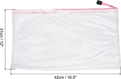 MECCANIXITY A3 Size Mesh Zipper Bags, Plastic Zip File Pouch Document Folders for Home Office Travel (Pink, Pack of 3)