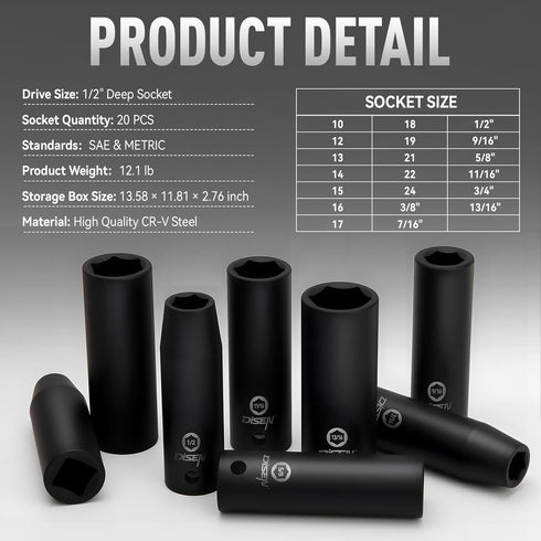 20PCS 1/2" Set, 13/16"-3/8" 10-24mm, 6-Point 1/2 Inches Set,Rugged DISEN Impact Socket Deep Sockets SAE & Metric Cr-V