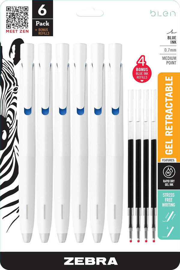Zebra Pen bLen Retractable Ballpoint Gel Pen + Refills, White Barrel, Medium Point 0.7mm, Blue Ink, 6-Pack