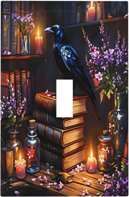 haigof Gothic Bookshelf Crow Light Switch Cover Wall Plate 1 Gang Single Plates