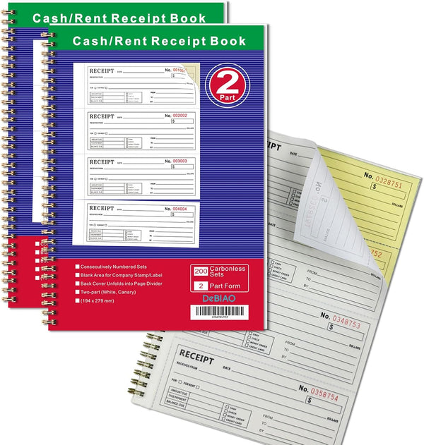 DeBiao Money and Rent Receipt Book 2-Part Carbonless 7-5/8" x 11" Spiral Bound