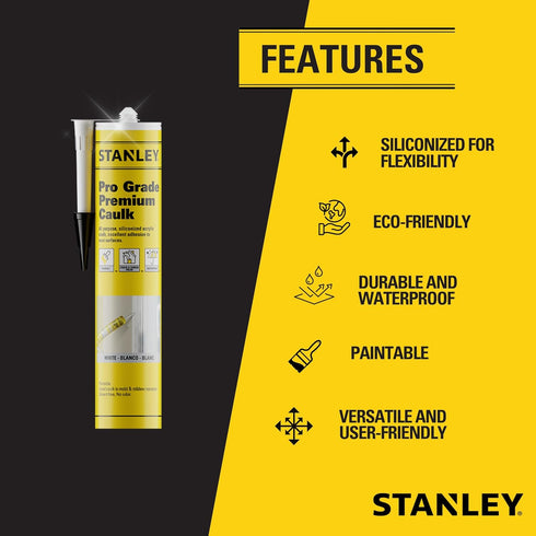 Stanley Premium Siliconized Caulk Acrylic Sealant, 10.1 fl.oz, White, 2 Pack