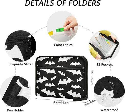 Halloween Bats Expanding File Folder, 13 Pockets, Black Animals Accordion Organizer for A4 Letter Size