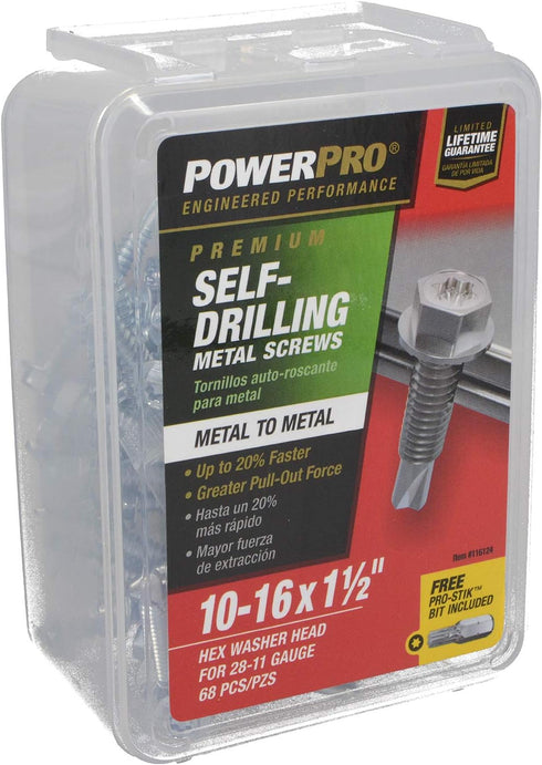 Power Pro Premium Self-Drilling Metal Screws, Zinc Plated Steel, #10 x 1-½ inches, Box of 68