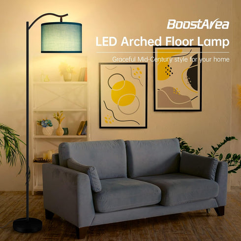 Shade,E26 BoostArea Floor Lamp for Living Room,LED Arched Floor Lamp,Tall Modern Standing Lamp with Green Linen Socket