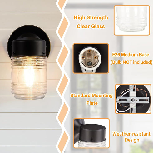 2 Pack E26 EJIAXIN Outdoor Wall Lantern, Exterior Waterproof Wall Sconce Light Fixtures, Black Front Door Lighting