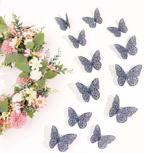 12PCS 3D Efavormart Navy Blue Butterfly Wall Decals - Sparkling Glitter & Diamond Mural Stickers - DIY Removable Art