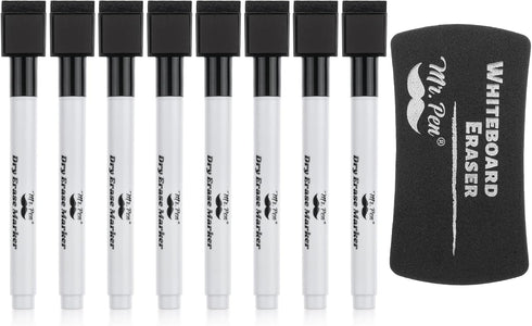 Mr. Pen Magnetic Dry Erase Markers, 8 Pack with 1 Eraser, Fine Tip Black Dry Erase Markers with Magnet