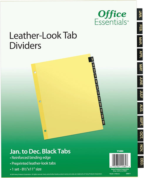 Preprinted Black Leather Tab Dividers, 12-Tab, Letter Office Essentials 11484