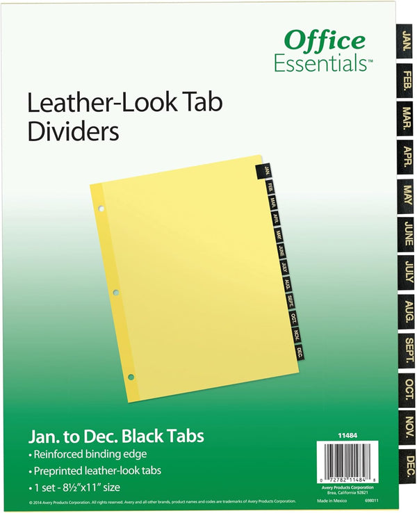 Preprinted Black Leather Tab Dividers, 12-Tab, Letter Office Essentials 11484