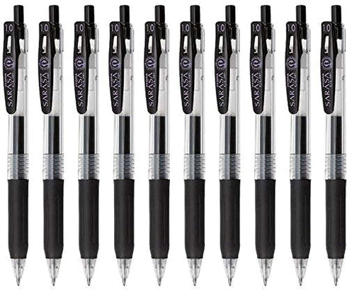 Zebra Sarasa Clip 1.0 Retractable Gel Ink Pen, Black Ink, Rubber Grip, Value Set of 10