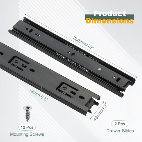 10 1.7 Inch 2Pcs PATIKIL x Drawer Slides, Steel Full Extension Ball Bearing Side Mounted Rails with Mounting Screws