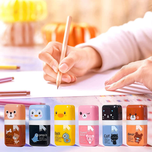 Performore 6 Pack of Cute Pencil Erasers for Kids - Mixed Fun Style Animal Themed with Clean Up Roller Pencil Rubber
