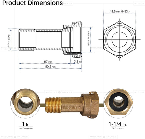 Midline Valve XND1011-OM Brass Water Meter Coupling Adapter - Pipe Fitting with Nut and Gasket