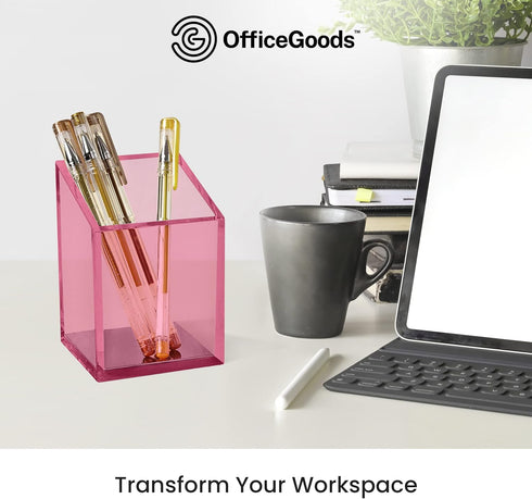 OfficeGoods Pink Acrylic Pen & Pencil Holder - Modern Trapezoid Design Desk Organizer for Home or Office with Metal Base