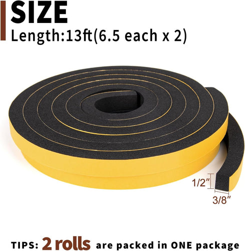 Yotache Foam Tape Weather Stripping for Door, 2 Rolls 1/2" W X 3/8" T, High Density Closed Cell Adhesive Weather Seal