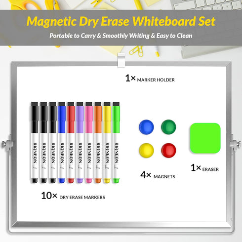 Dry Erase White Board, 16inX12in Large Magnetic Desktop Whiteboard with Stand, 10 Markers, 4 Magnets, 1 Eraser